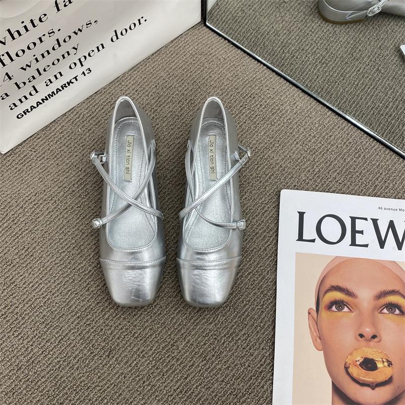

Fashion Thick heeled cross silver Mary Jane square toe single shoes for women 2025 new spring evening gentle flat shoes 39 серебряный
