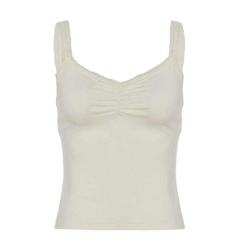 H's European and American Women's Clothing French Minority Lace Lace Light Yellow Strap Basic Silm Outwear Sexy Short Top