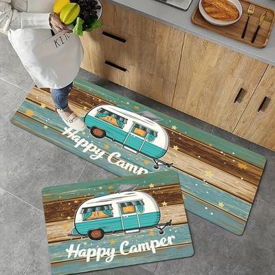 Happy Camper Theme Kitchen Mat Polyester Non-Slip Rugs With Fade Carpet Resistant Rectangular Wood Grain Camping Decor Mat