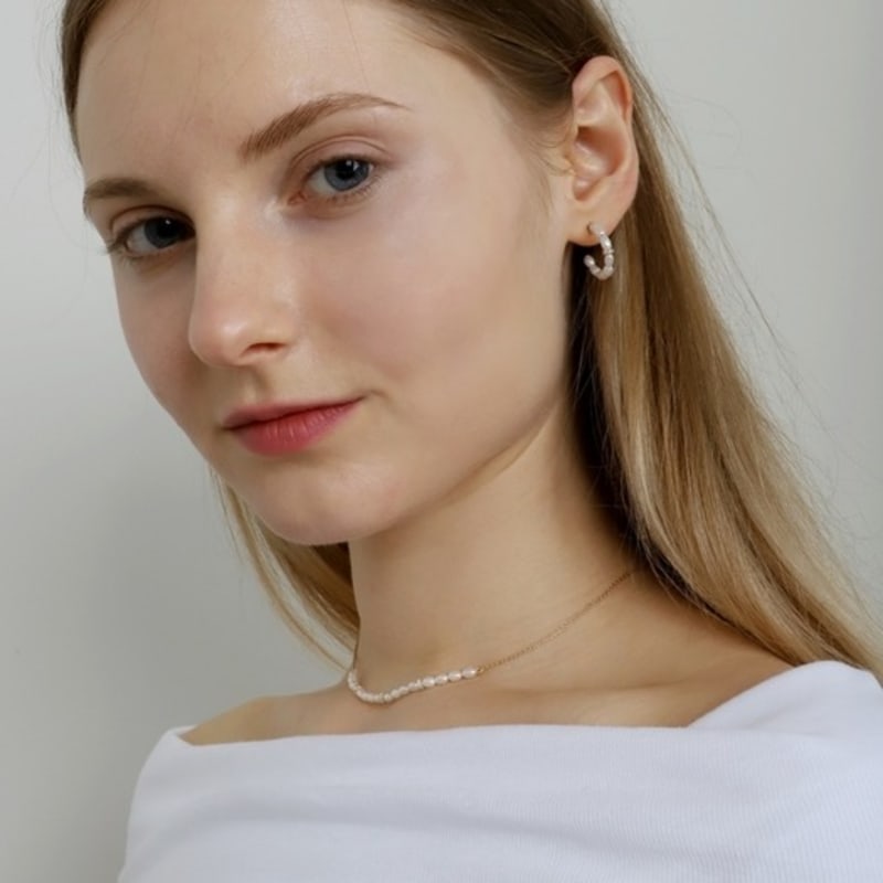 Ozel Silver925 CZ Rings with Natural Water Pearl Hoop Earrings PS157E