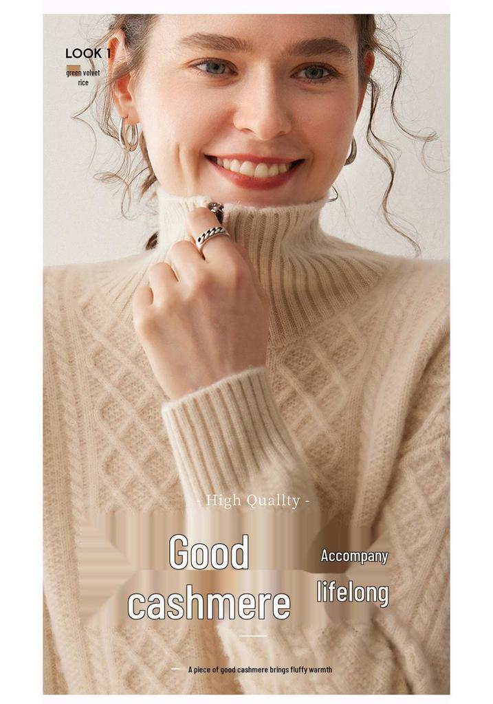 Women's High Neck Zipper Cashmere Sweater: Thick Cable Knit, Loose Fit, Slimming Base Layer for Autumn/Winter