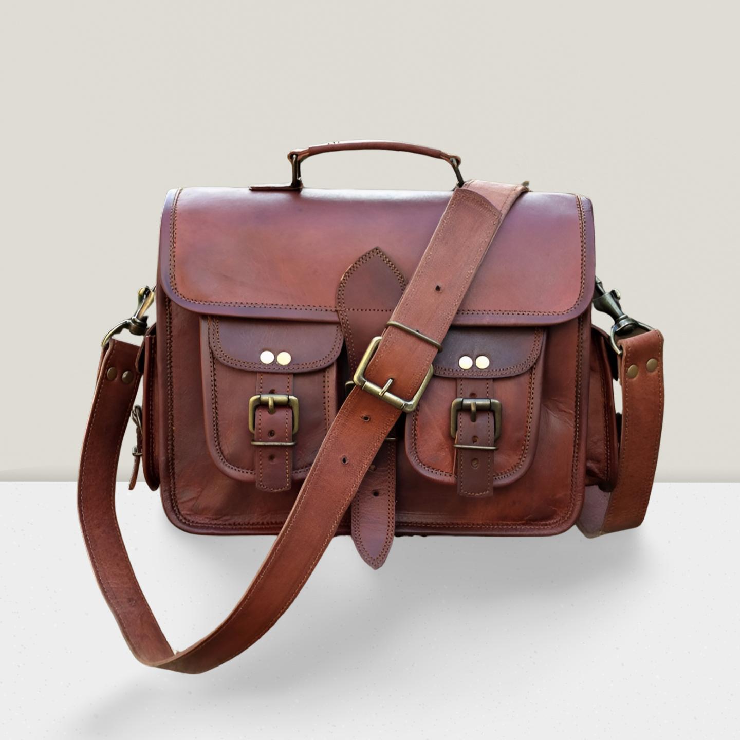 Мужская коричневая большая кожаная сумка для ноутбука в стиле ретро — фото 5