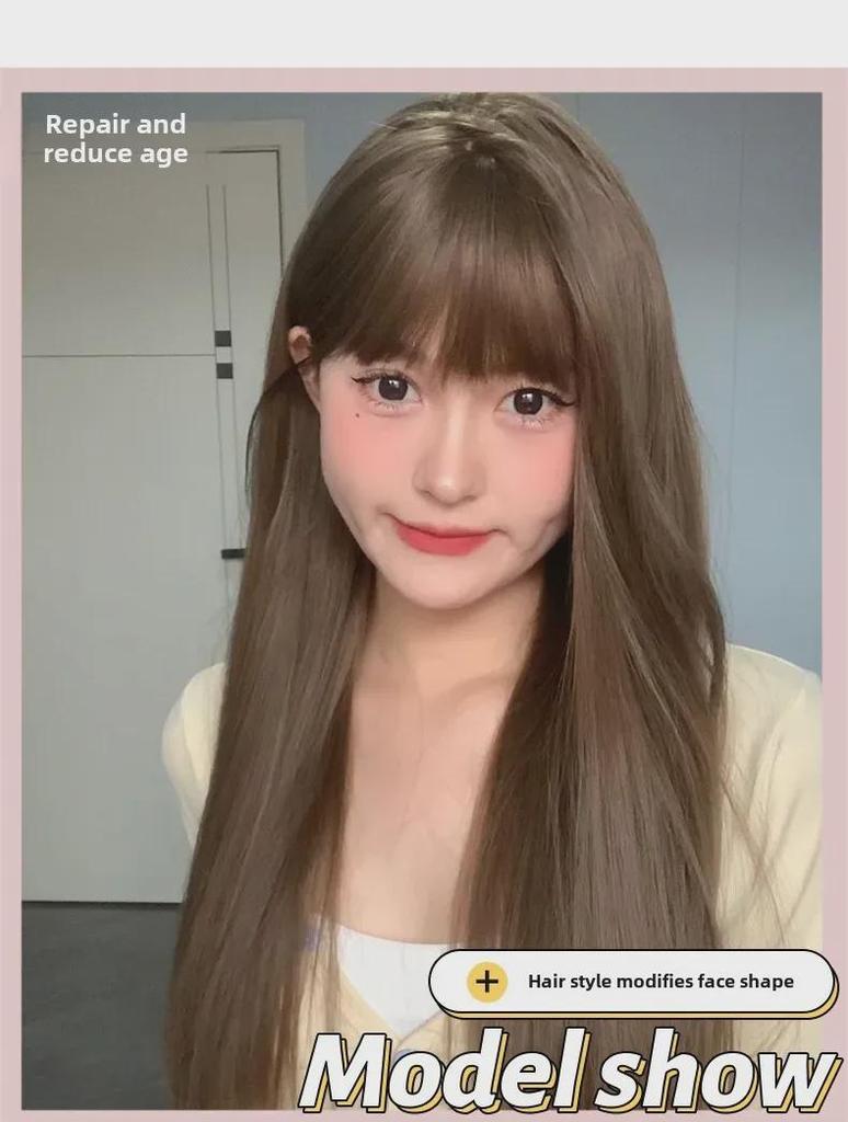 Natural Long Black Straight Wig with Air Bangs