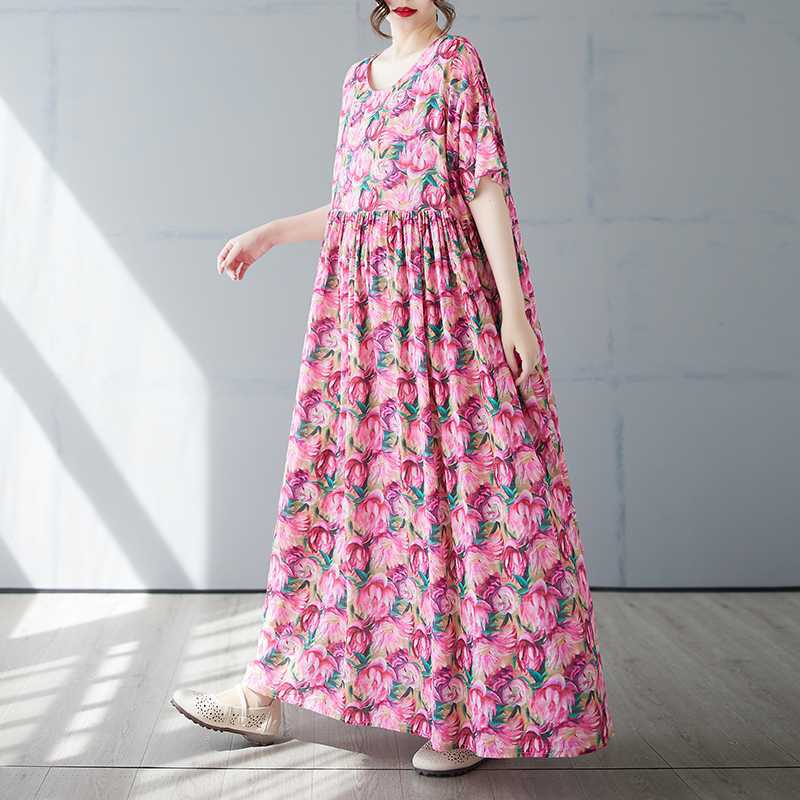 

Женская простая и модная длинная юбка летнее платье с короткими рукавами и круглым вырезом с принтом One size