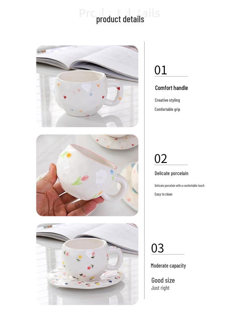 Korean Hand-Painted Ceramic Cup & Saucer Set - Creative Irregular Design for Coffee & Tea