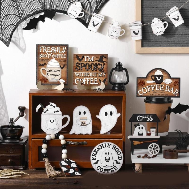 19PCS Halloween Coffee Specters Decors Wooden Sign Beads Tiered Tray Accent Farmhouses Style Home Party Tabletop Display
