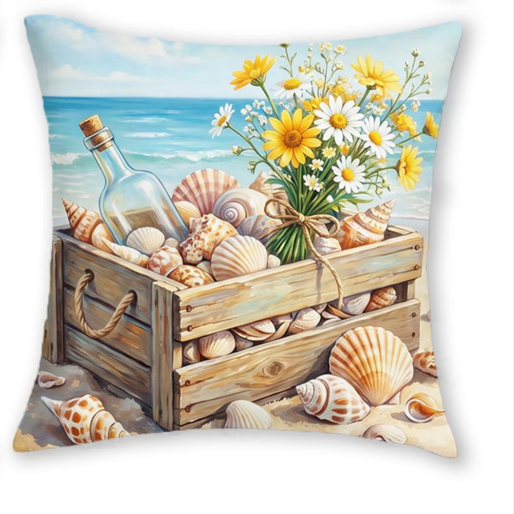 1/4pcs 2D Flat- Coastal Beach Seashell & Sailboat Throw Pillow Cover Home Farmhouse Outdoor Decoration Cushion Cover