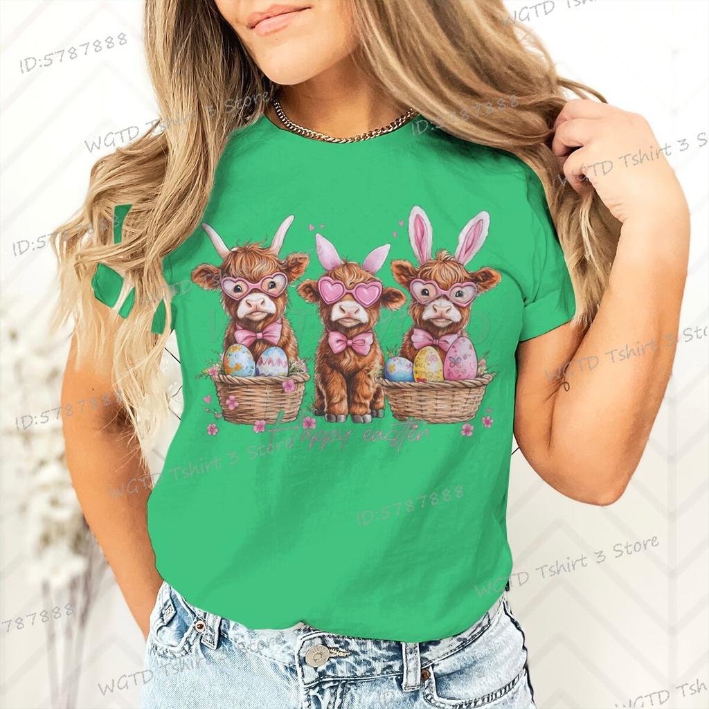 Happy Easter Day T-shirt Female Easter Cute Highland Cow Graphic T Shirts Women Cute Cow Gift for Women Retro Easter Vibes Shirt