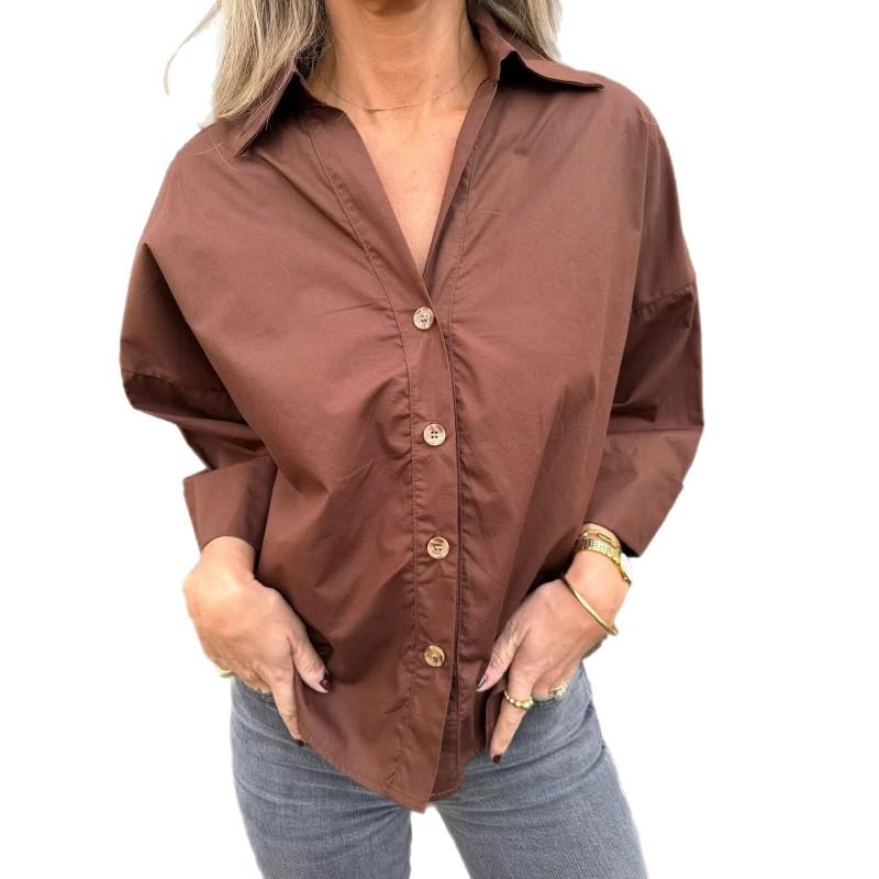 2026 Womens Loose Solid V-Neck Button Shirt A-Line Blouse