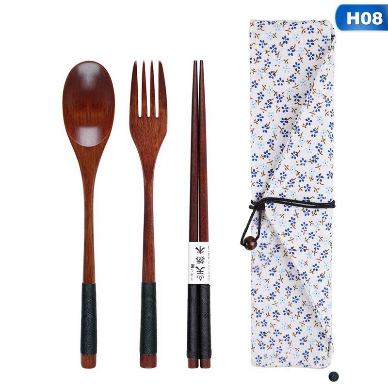 Ξύλινο Πιρούνι Κουτάλι Σετ Τριών Τεμαχίων Ιαπωνικό Κορεατικό Στυλ Ταξιδιωτικά Φορητά Επιτραπέζια Σκεύη Ωραία Επιτραπέζια Σκεύη Συσκευασία σε Τσάντα