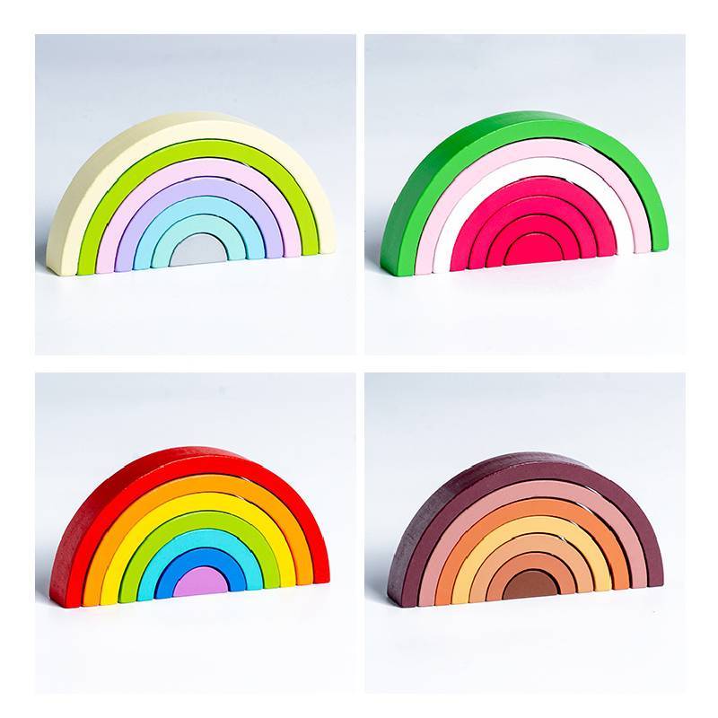 Wooden Children Rainbow Arch Building Blocks Set With Multi Color Tiles For Toddler Education