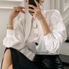 Chic Women White Cotton Button Blouse Loose Lantern Long Sleeve Casual Office Spring Tops