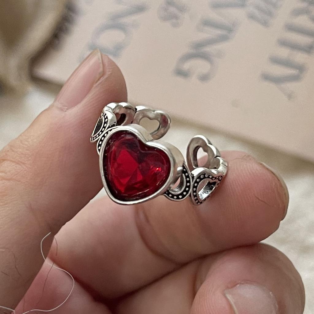 925 Sterling Silver Rings For Women Geometric Fine Jewelry Finger Adjustable Red Heart Stone Ring For Party Birthday Gift