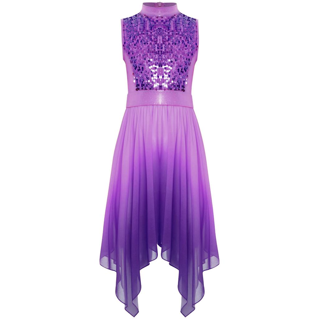 Girls Liturgical Dance Dress Mock Neck Sleeveless Design Asymmetrical Hem Shiny Sequins Bodice Costume