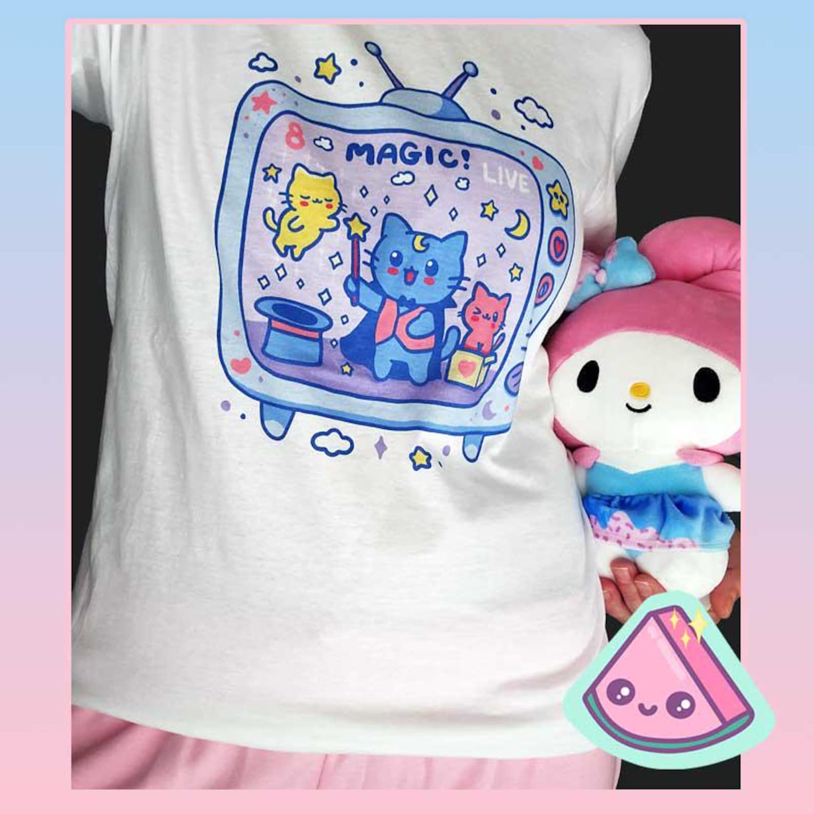 Fairy Kei Kawaii Tee, Yume Kawaii Pastel Retro TV Cat Shirt, Magic Show Cat Graphic Tee, Harajuku Aesthetic Pastel Shirt – Cat TV Series 3 L
