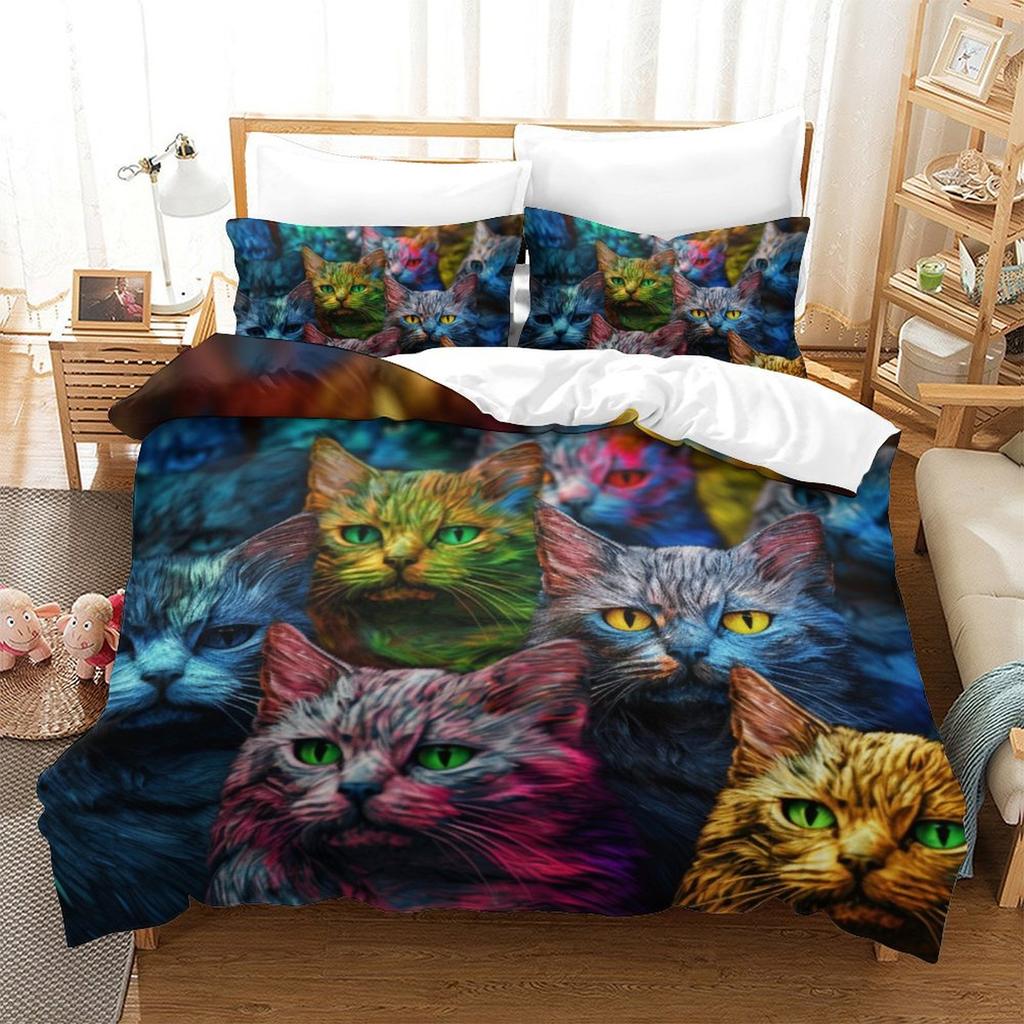 Colorful Cat 3D Digital Printing Polyester Quilt Cover Two Or Three Pieces Can Be