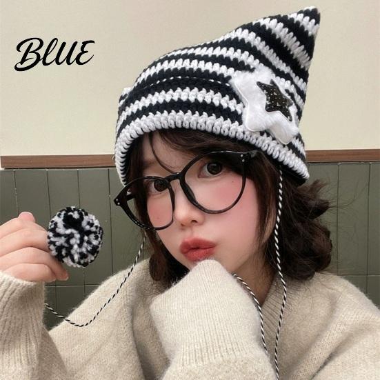 Striped Design Winter Knitted Knitting Ear Hat Style Cat Beanie Japanese Star Print Autumn Plush