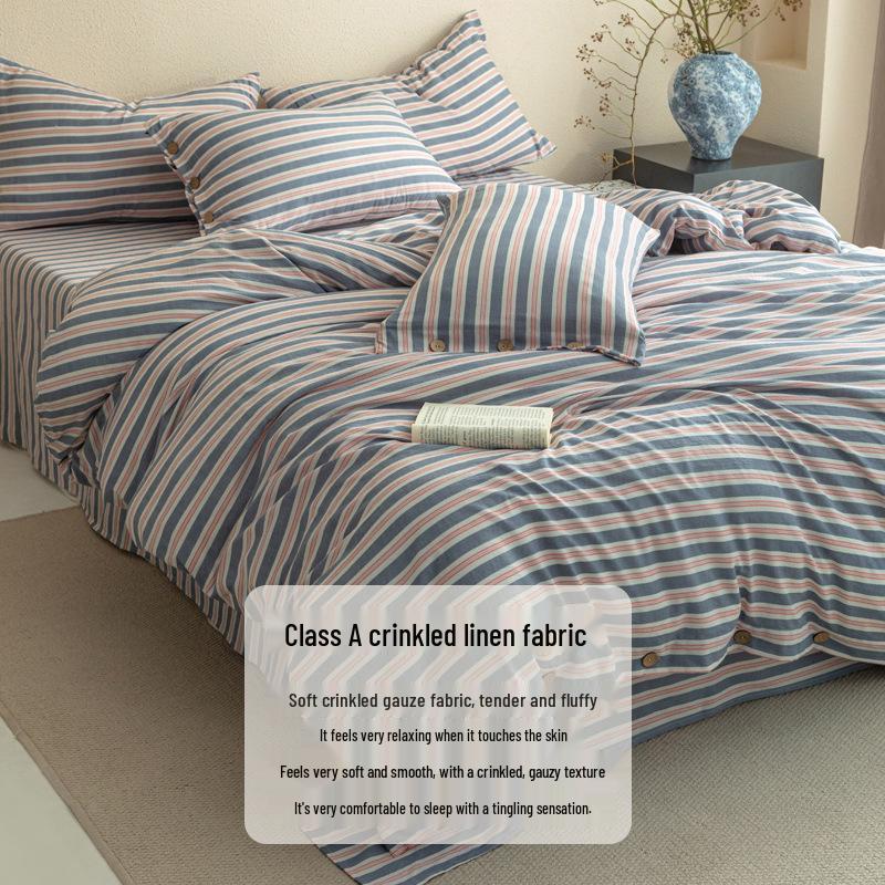 European Style Retro Crinkled Gauze Linen Button-Up Set - Machine Washable, Ideal for Naked Sleep with Fitted Sheet.