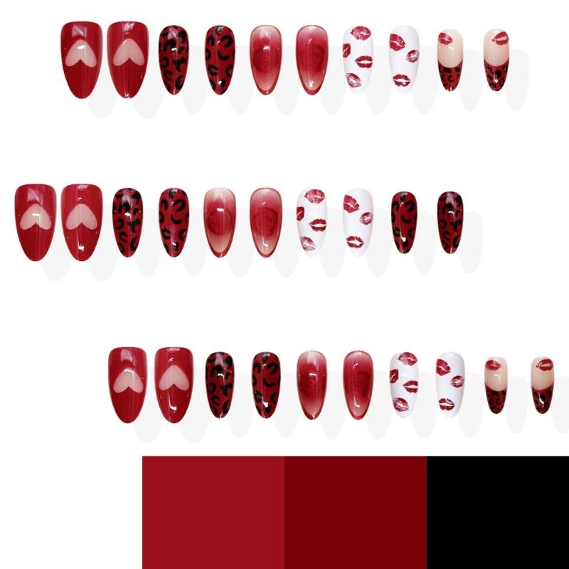 Pack Of 30Pieces False Nail Red Lips Rose Leopard Art Artificial Nail For Parties Dates And Everyday Beauty Decors