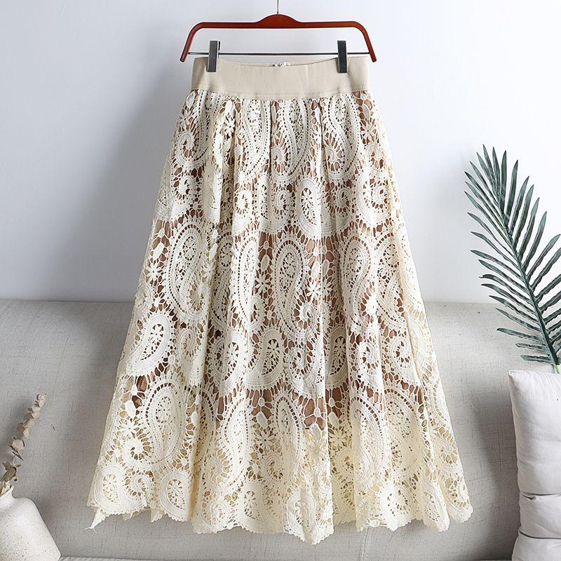 Vintage Women's Crochet Hollow Lace Skirt Casual High-waist Slim A-line Skirt Spring