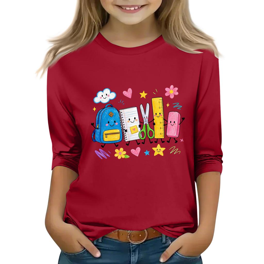 Kids Casual Printed Round Neck 3/4 Sleeve Top for Back to School