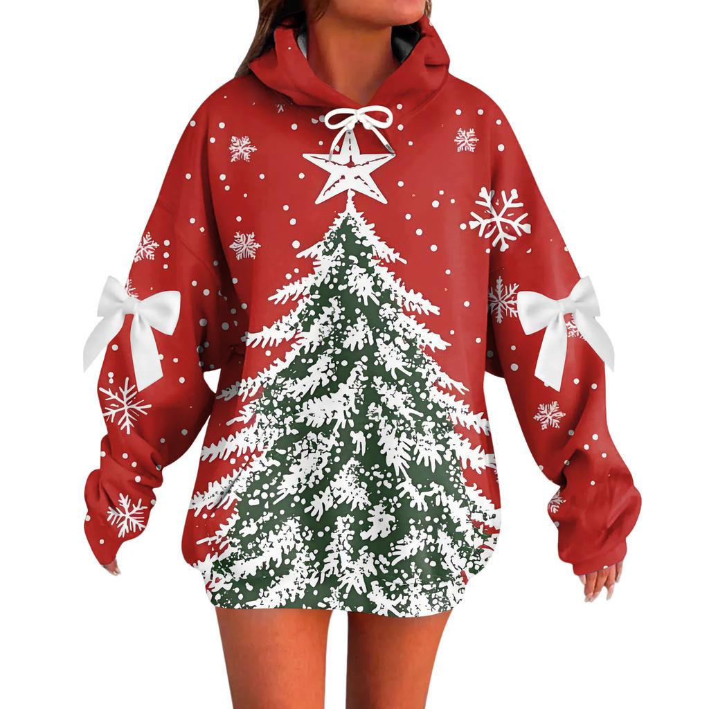 Ladies' Christmas Printed Bow Long Sleeved Loose Fitting Headband With Rope Hooded Sweatshirt Top