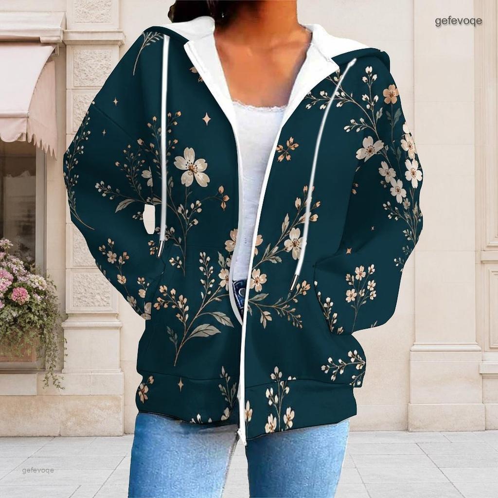 Women Plus Size Black Floral Print Zip Up Long Sleeve Drawstring Hoodie With Pockets