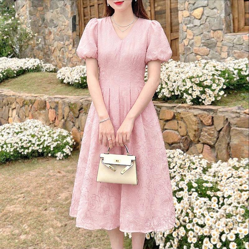 ZANZEA Women Casual V-Neck Summer Short Sleeve Elegant Dress M розовый