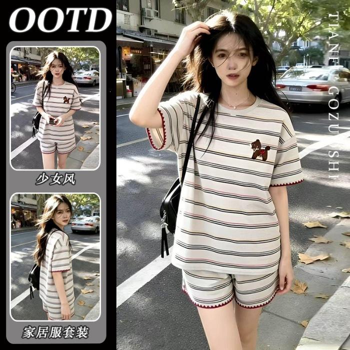 

[High-quality imitation cotton] Cute striped short-sleeved pajamas for women s new summer lazy wind loose and thin M
