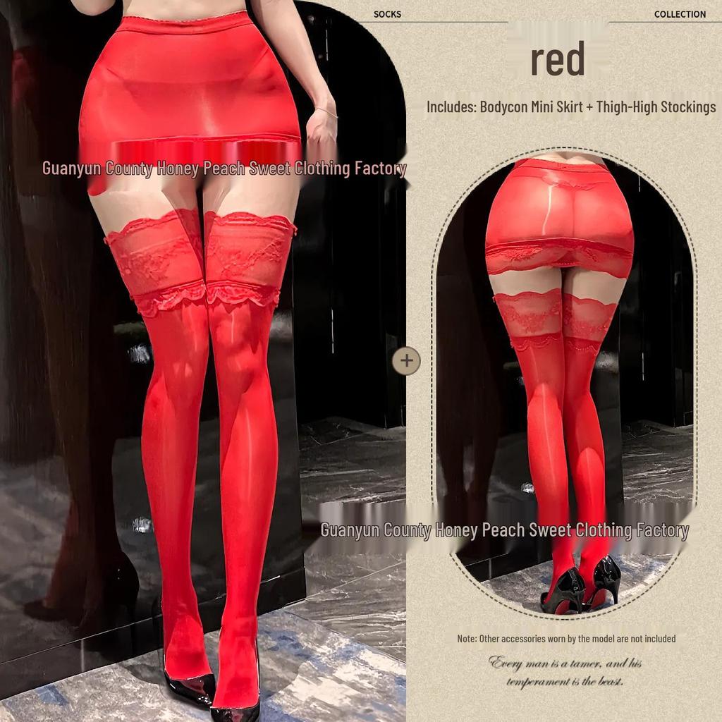 Seductive Sheer Hip-Hugging Miniskirt with Lace Trim and Over-the-Knee Black Stockings