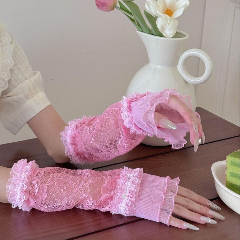 Sweet Style Lace Arm Sleeves with Bow Sparkling Rhinestone Glove Covers Pure Color Sun Protection Accessories for Women 2025 New