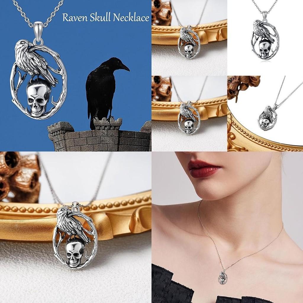 Halloween Skull Pendant Necklace With Crow Shape Design For Gothic Fashion Enthusiasts