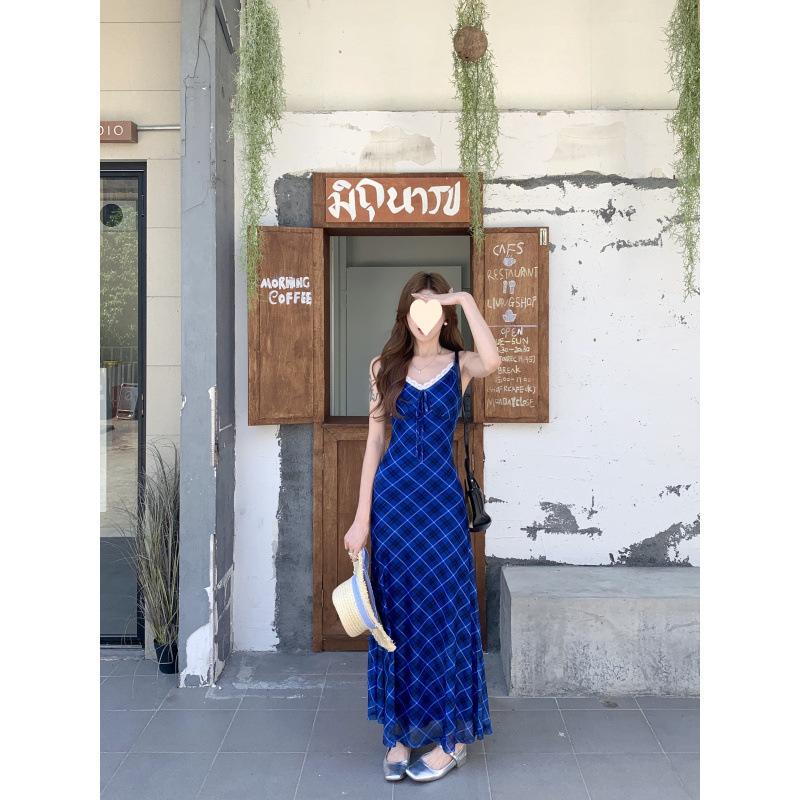 Retro plaid suspender dress summer new fashion Spice Girl style design sense slim dress women