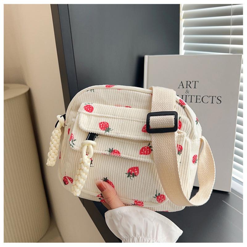 

Corduroy small bag women s new strip velvet fashion strawberry printing mobile phone bag casual messenger bag tide 21*18*8cm