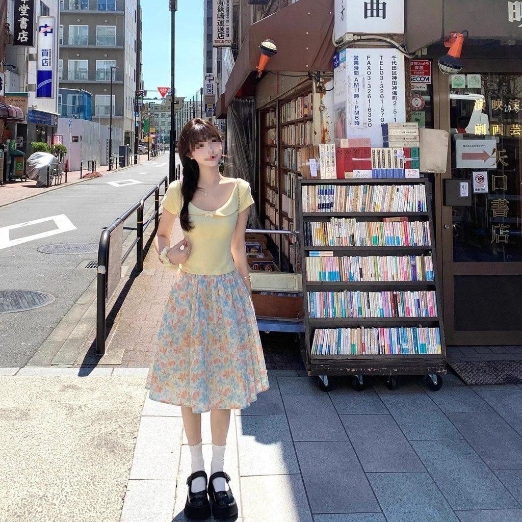 Vintage Korean Style Floral Print Midi Skirt With Elastic Waist For Casual Spring Fashion