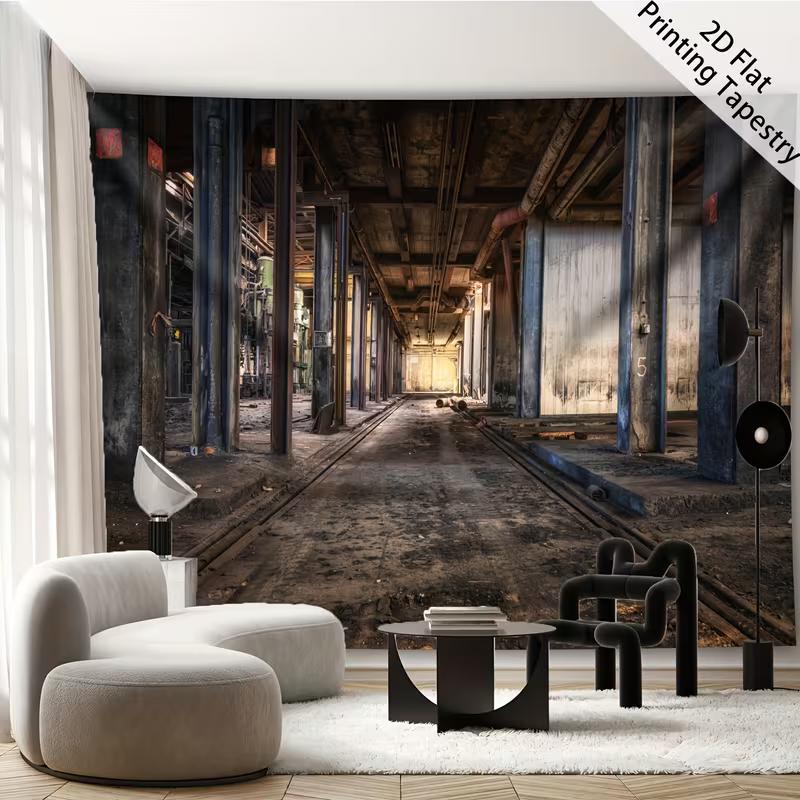 2D Grunge Factory Tapestry Vintage Warehouse with Railroad Tracks Wall Background