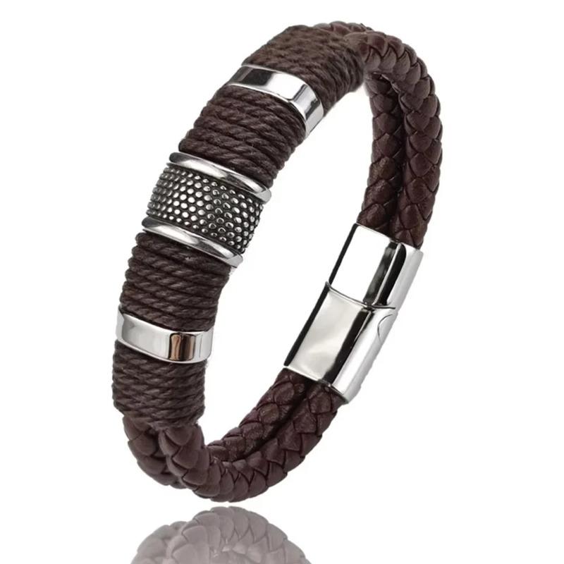 Genuine Leather Bracelet for Men, Vintage, Multilayer, Brown, Business Style, Formal Occasions Jewelry, Male Wrist Bangle Gift