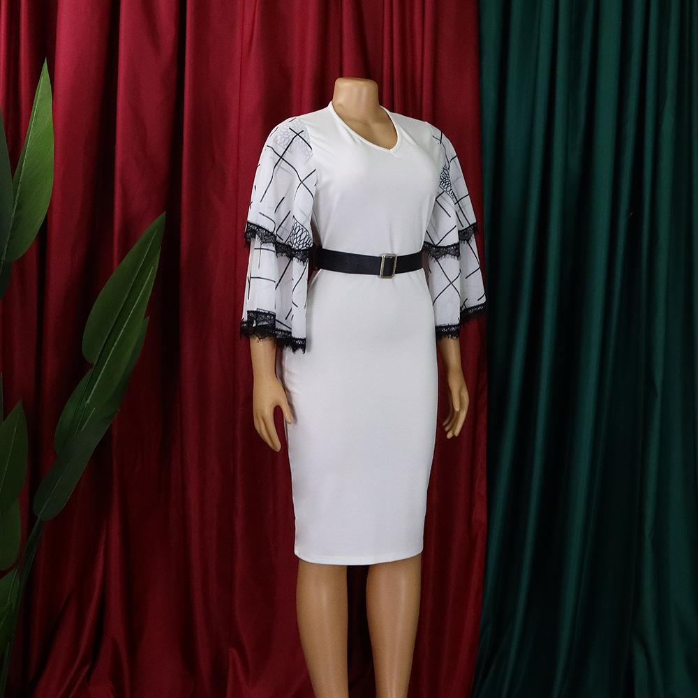 Large Size Women Summer Fashion Flare Sleeves Dress Ladies One Piece V Neck Sheath Dress with Belt