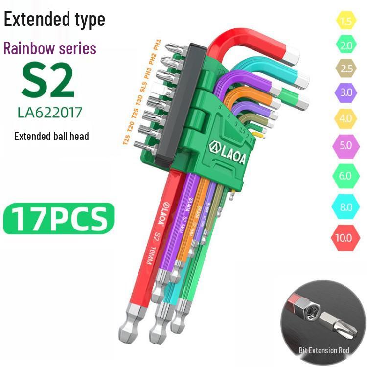 Old A 9-Piece Magnetic L-Shaped Hex Key Set with S2 Torx Inner Hex Screwdrivers