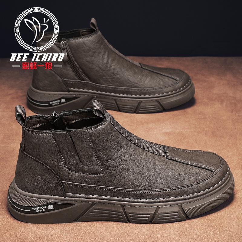 Spring velvet high-top leather boots casual fashion Martin boots retro tooling men's shoes