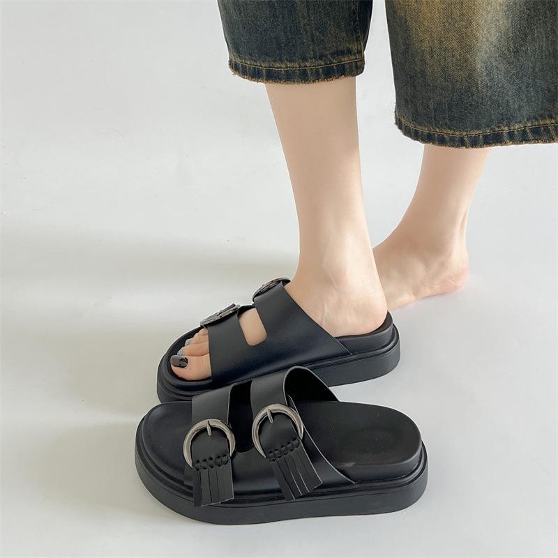 Fashion trend black thick-soled one-word slippers women's summer wear 2025 new high-end height-enhancing cool slippers