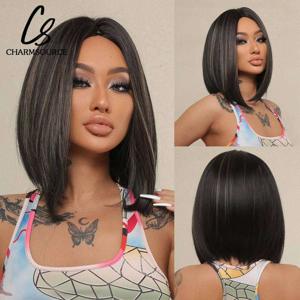 Short Synthetic Wigs Dark Brown Natural Wig with Side Bangs for Women Cosplay Daily Party Pixie Cut Wigs High Temperature Fibre