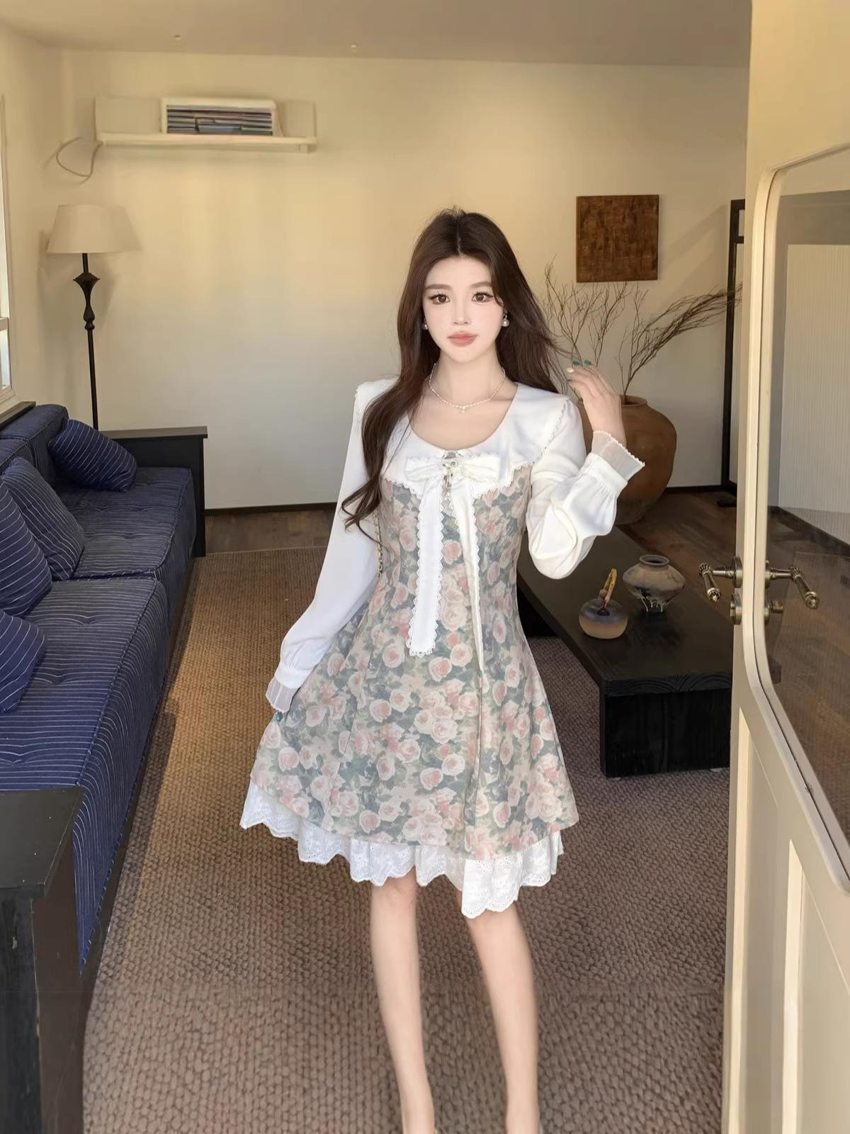 Plus Size French Chic Floral Slimming Dress with Doll Collar & Long Sleeves XXL