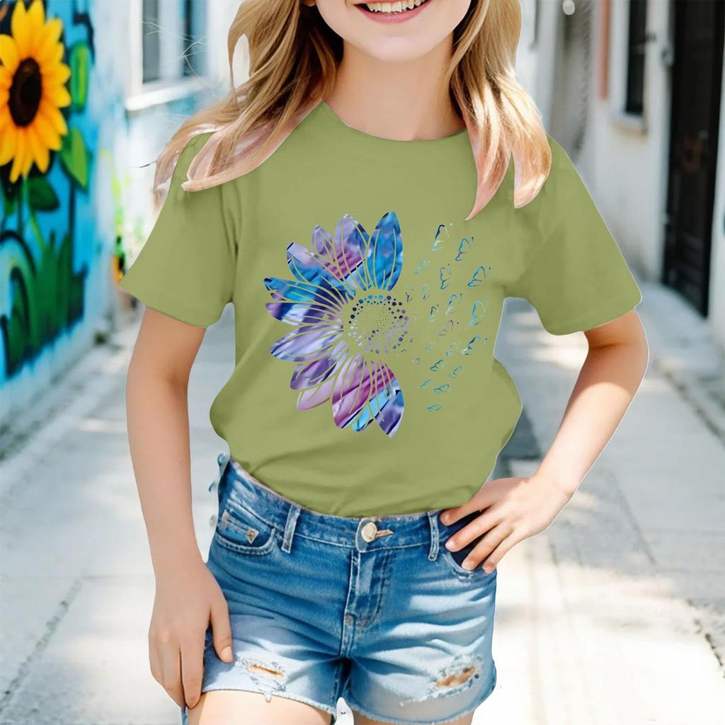 Kindermode Kurzarm Rundhals Floral Bedruckt Lässiges T-Shirt Top