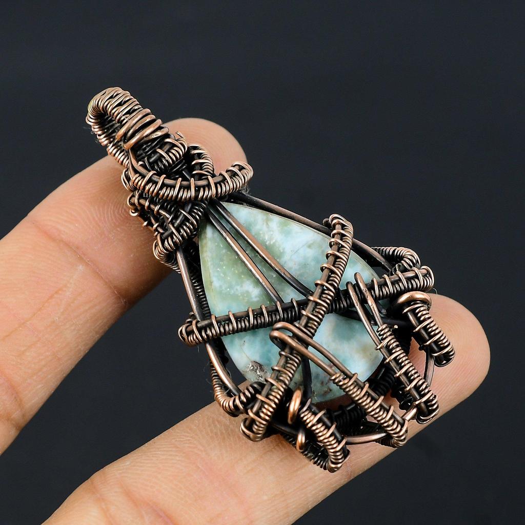 Larimar Pendant Gemstone Jewelry, 999 Copper Wire Wrapped Pendant, Handmade Jewelry Birthstone Pendant, Gift For Him
