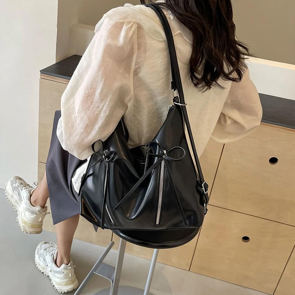 Cute Bow Underarm Bag PU Leather Designer Tote Bag Solid Color Casual Daypack with Zipper Satchel Purse for Women