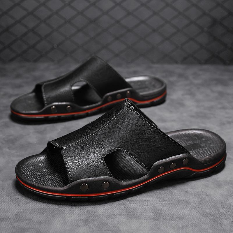 Utrikeshandel explosiva tofflor herr sommartrend halkfria och deodoranta herrars svala tofflor äkta läder ytterkläder enords tofflor