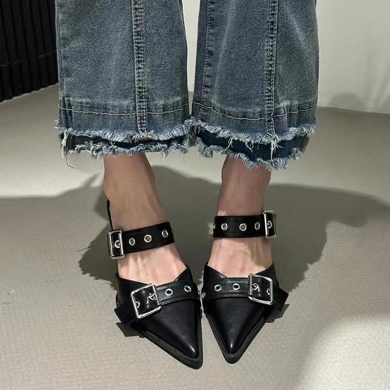 Fashion Punk Metal Buckle High Heels Shoes for Women Sexy Pointed Toe Stiletto Heel Sandals Woman Summer 2025 Fashion Party Silver Pumps