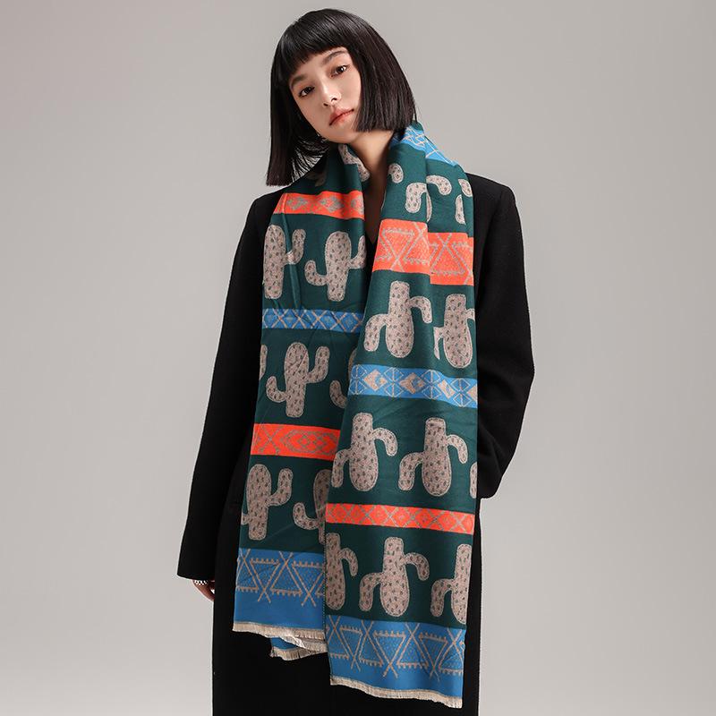 Imitation Cashmere Scarf Women'S Nordic Style Decoration Warm Dual-Purpose Double-Sided Shawl Creative Printing Fringed Scarf