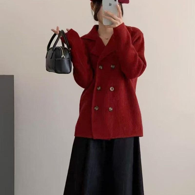 Autumn and winter new suit collar double-breasted lazy wind knitted cardigan high-end sweater jacket women's top trend